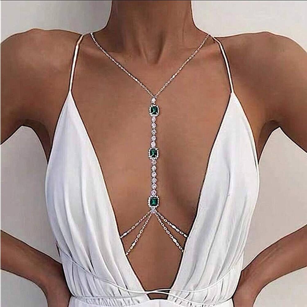 Emerald Silver Zircon Body Chain, Elegant, Classy, Minimalist, Punk
